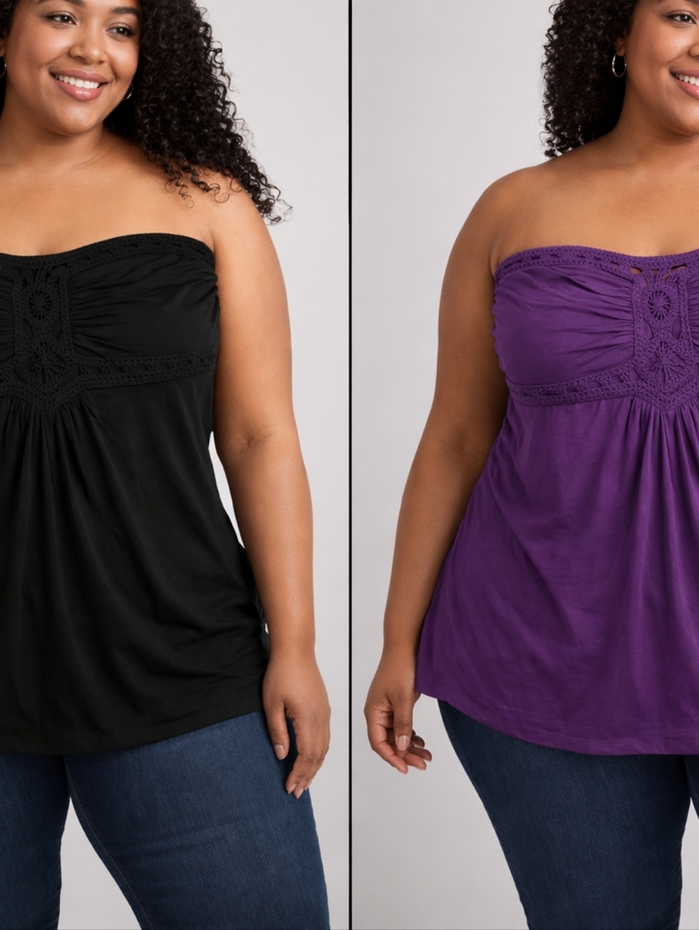 Kismet Set Of 2 Strapless Crochet Detailed Strapless Top - Black & Purple